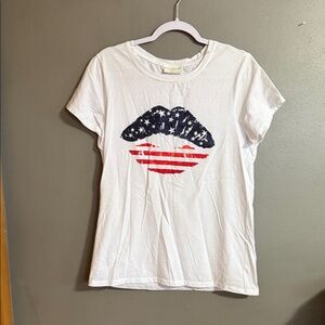 Bobbie Brooks White Tee with Flag Lips Design